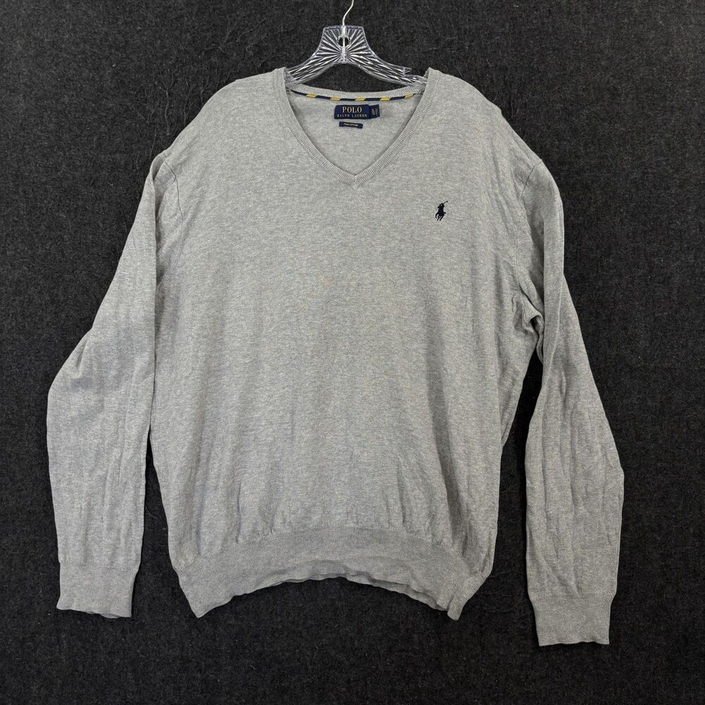 Polo Ralph Lauren Sweater Men's XL Gray Pima Cotton V Neck Knit Pullover
